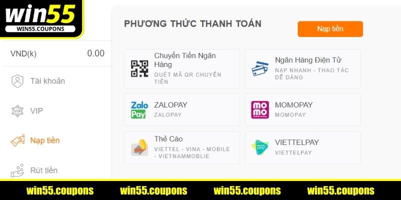 Chỉ dẫn nạp tiền WIN55 qua nhiều phương thức giao dịch