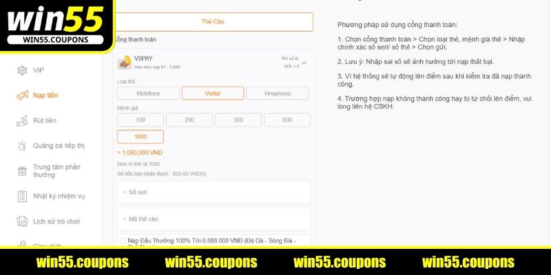Giao dịch nạp tiền WIN55 bằng thẻ cào điện thoại